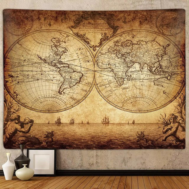 VIKAMA Vintage-Karten-Wandteppich in Braun als ästhetische Wanddekoration, B/H: 40 x 60 cm - Bild 1