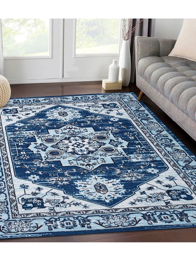 Maschinenwaschbarer Teppich TWISTER.CK im Vintage-Stil mit niedrigem Flor, Blau, rutschfest für Innenbereich und Eingangsbereich - Bild 7