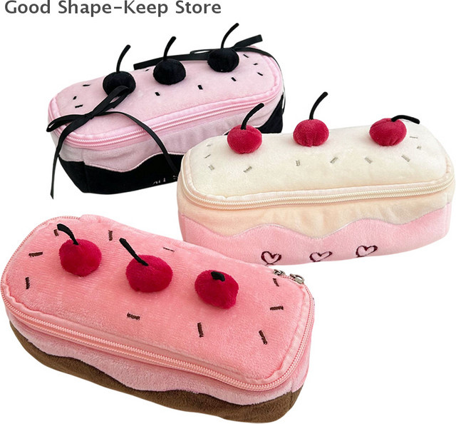 Niedliches Plüsch-Federmäppchen mit Kirschkuchen-Design in Weiß und Pink für deinen Schulbedarf - Bild 1