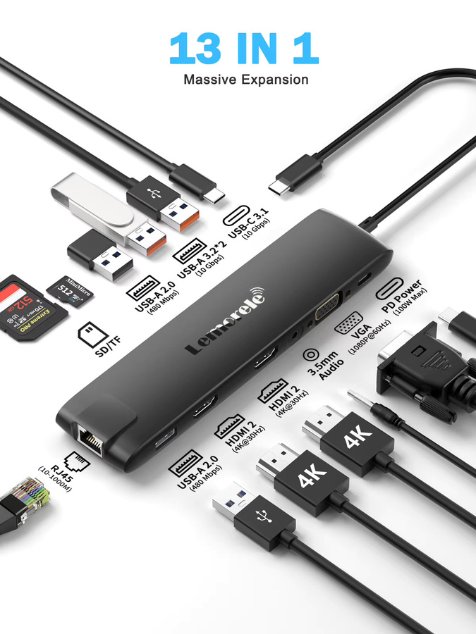 Lemorele 13 in 1 USB Hub Dockingstation in Grau mit 2 HDMI 4K UHD, RJ45 Ethernet, USB-C und PD 100W Ladegerät für MacBook und Laptop - Bild 6
