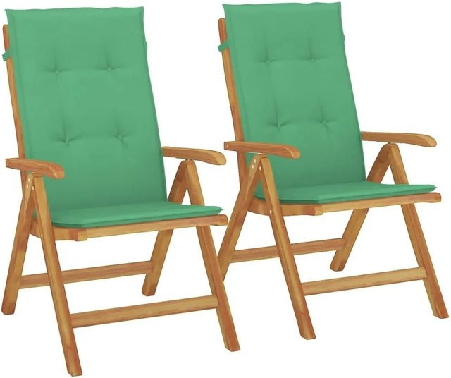 vidaXL Gartenstühle aus Teakholz mit grünen Kissen, 2er Set - Bild 1