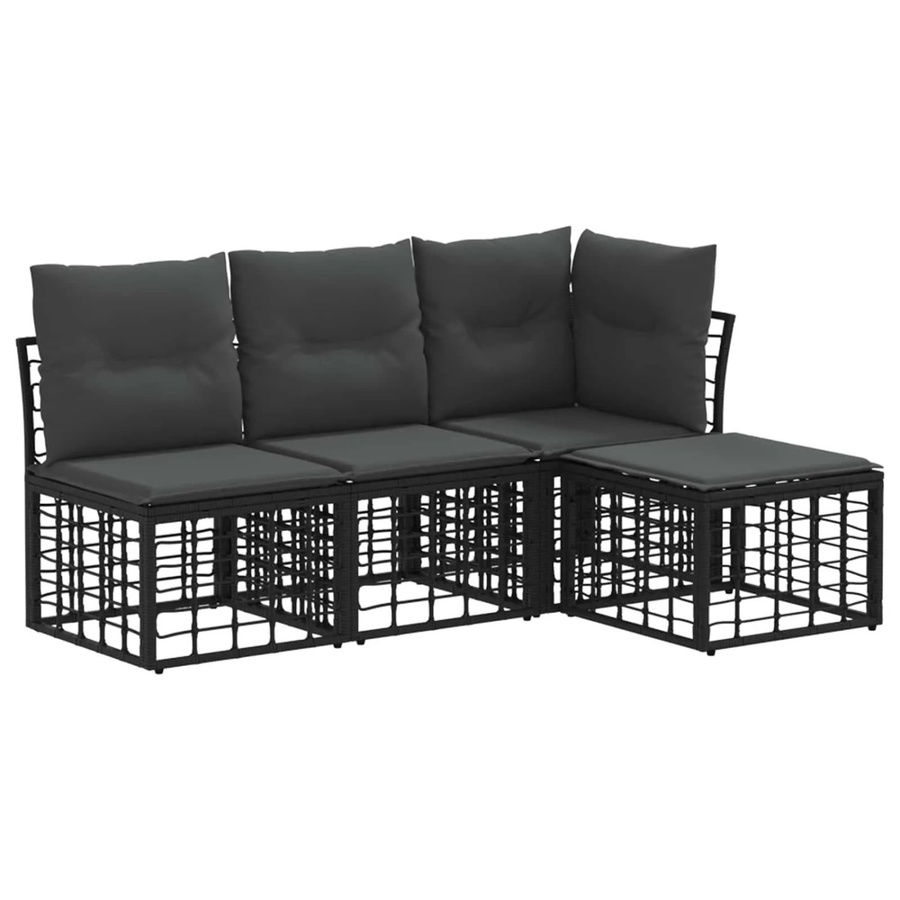 vidaXL Outdoor-Sofagarnitur in L-Form aus Polyrattan mit Ottoman und Polsterkissen, Schwarz - Bild 2