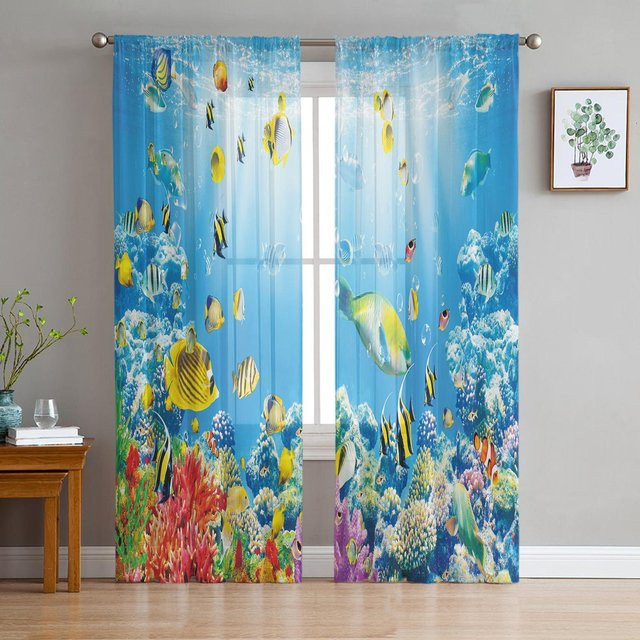 Transparente Tüll-Fenstergardine mit Meeresleben-Motiv in Multicolour, Breite: 135 cm, Höhe: 137 cm - Bild 1