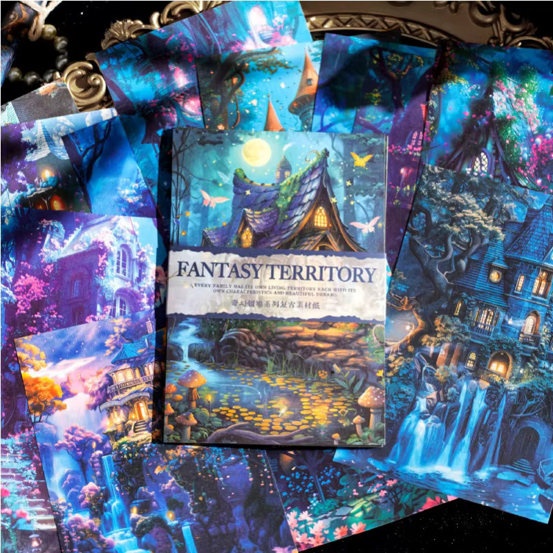 30 Blatt Retro Fantasy Waldschloss Bastelpapier mit magischen Landschaften in Multicolour für dein Tagebuch, Scrapbook und DIY-Projekte - Bild 1