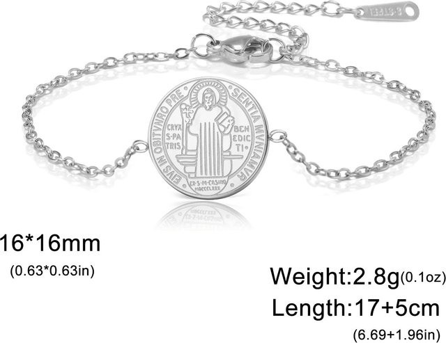 Armband Heiliger Benedikt Exorzismus Kreuz Charm, Edelstahl, Silber, Damen, 17-22cm - Bild 1