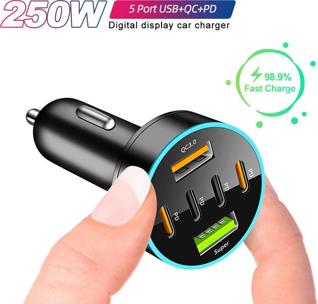 Kebidumei Auto Ladegerät mit 250W und 3 USB-Ports inklusive USB-C PD QC 3.0 Schnellladegerät in Schwarz für iPhone Samsung Huawei Xiaomi - Bild 1
