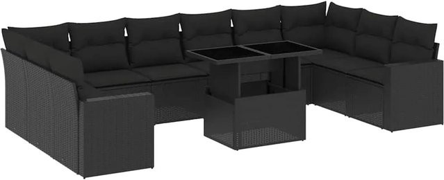 vidaXL 11-teilige Garten-Sofagarnitur in L-Form aus schwarzem Poly-Rattan mit UV-beständigen Kissen und pulverbeschichtetem Stahlgestell - Bild 1