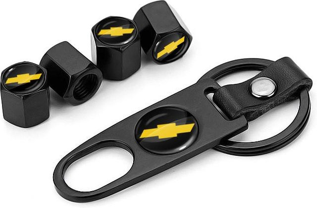 Chevrolet Schlüsselanhänger Set und Autoreifenventilkappen, Schwarz, Unisex - Bild 1
