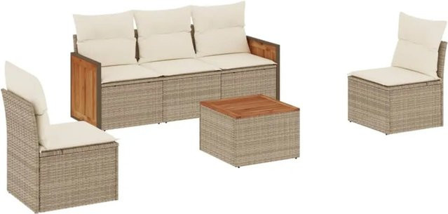vidaXL 6-teilige Garten-Sofagarnitur aus Poly-Rattan und Akazienholz in Beige-Creme mit Kissen - Bild 1