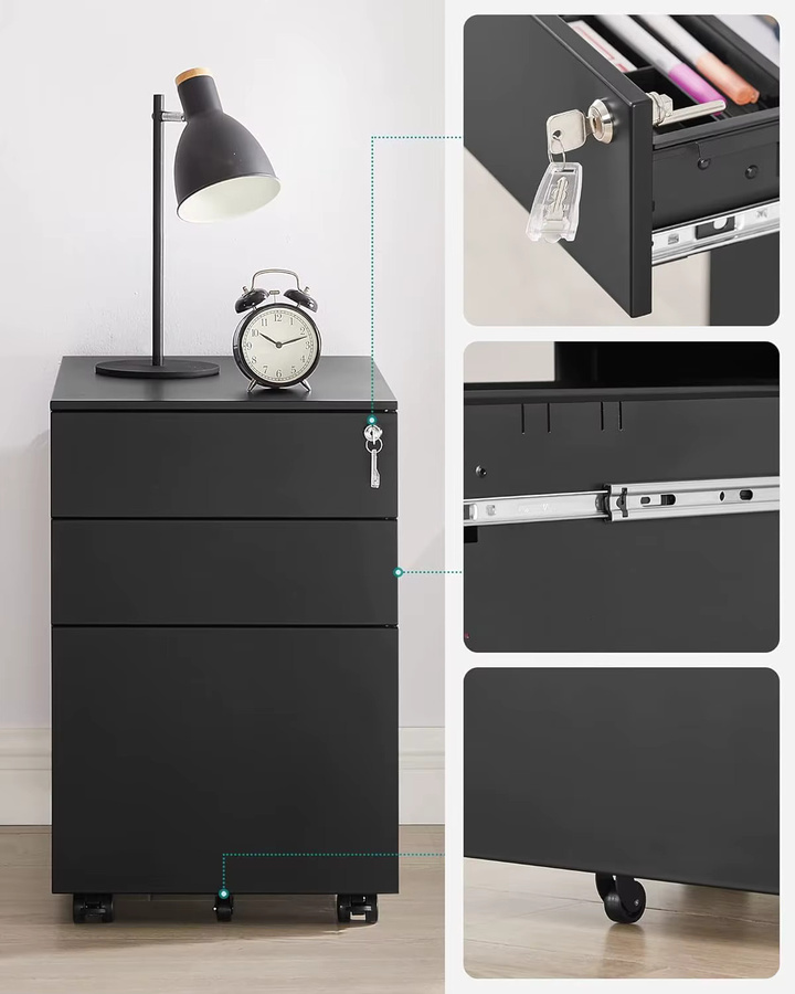 SONGMICS Rollcontainer aus Stahl in Schwarz mit 3 Schubladen, abschließbarer Büroschrank mit Hängeregistratur und Rollen, B/T/H: 52 x 39 x 60 cm - Bild 4