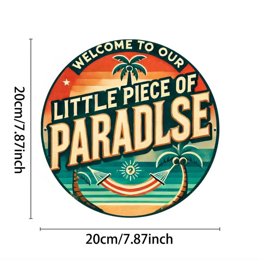 Potdemiel Vintage Aluminiumschild Welcome to Our Little Piece of Paradise Rund mit tropischem Motiv, Durchmesser: 20 cm, Mehrfarbig - Bild 2