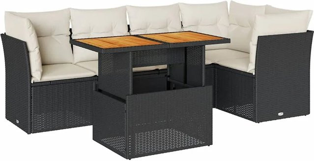 vidaXL 6-teilige Garten-Sofagarnitur aus Poly-Rattan und Akazienholz in Schwarz-Creme mit Kissen - Bild 1