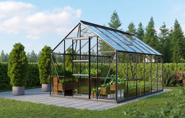 Vitavia Gewächshaus Meridian 1 9900 in Schwarz mit 9,9 m² Fläche, ESG-Sicherheitsglas und Schiebetür - Bild 1