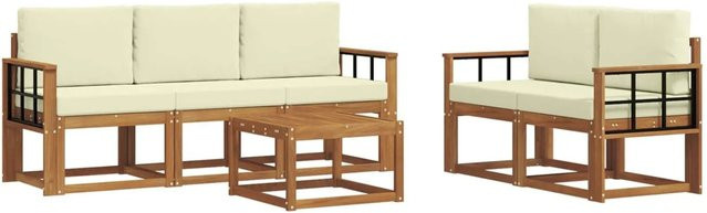 vidaXL Outdoor-Sofagarnitur L-Form aus Akazienholz mit Kissen und Couchtisch in Beige und Weiß - Bild 1