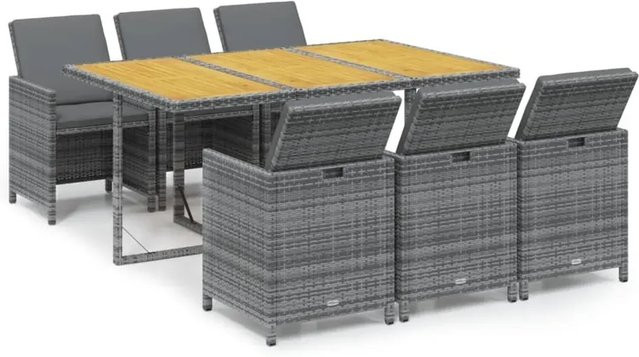 vidaXL 7-teilige Garten-Essgruppe aus Poly Rattan und massivem Akazienholz in Grau mit Kissen - Bild 1