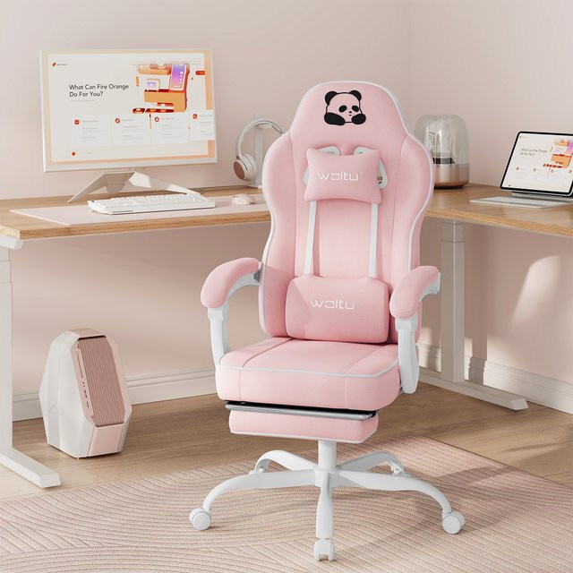 WOLTU Ergonomischer Gaming-Stuhl mit Kopfstütze und Fußstütze, drehbarer Bürostuhl aus Kunstleder mit Lendenwirbelstütze und Armlehnen, Blau oder Pink - Bild 1
