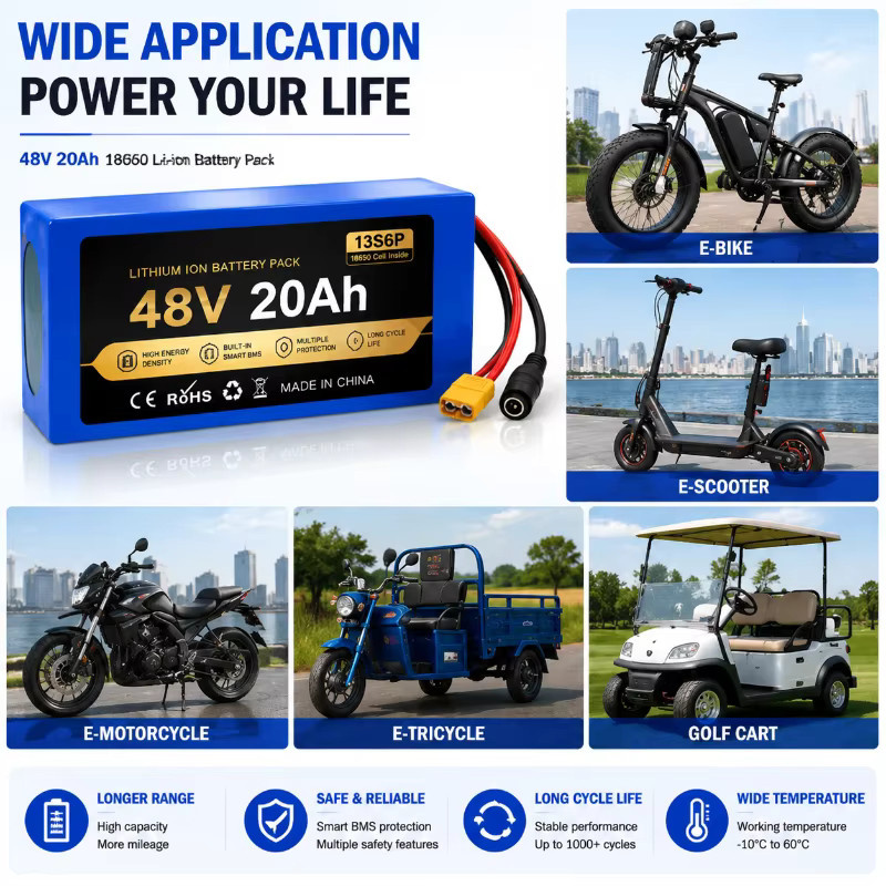 48V 20Ah Lithium-Ionen-Akkupack mit 18650 Zellen und Smart BMS für E-Bike und Elektroroller, Blau, XT60 Anschluss - Bild 5