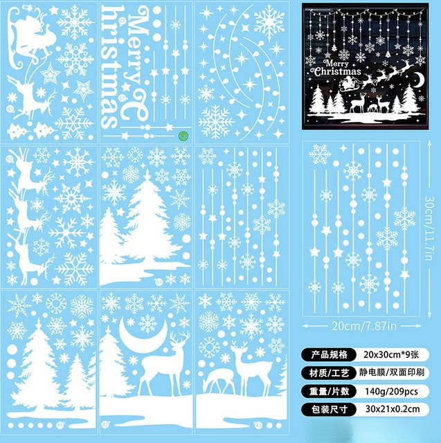 9 Stück Weihnachts Fensteraufkleber mit Schneeflocken und Rentieren in Weiß aus PVC - Bild 1