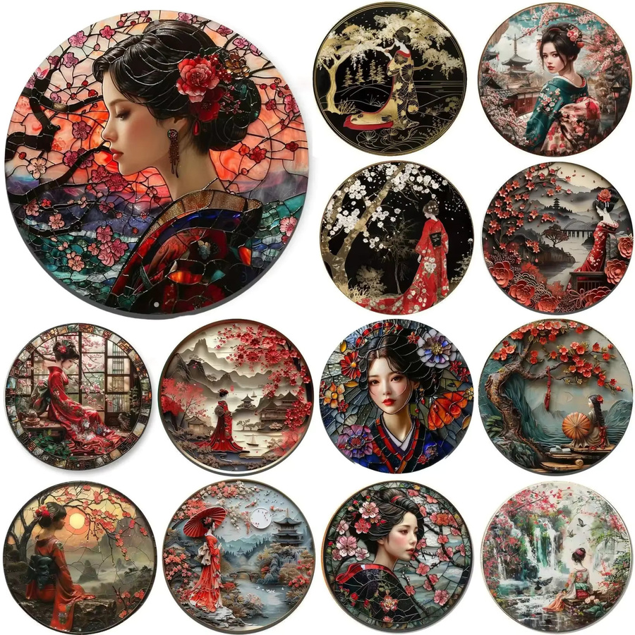 Rundes Metall-Blechschild mit japanischem Kimono und Masken-Motiv in Rot und Mehrfarbig, Durchmesser: 20 cm - Bild 2