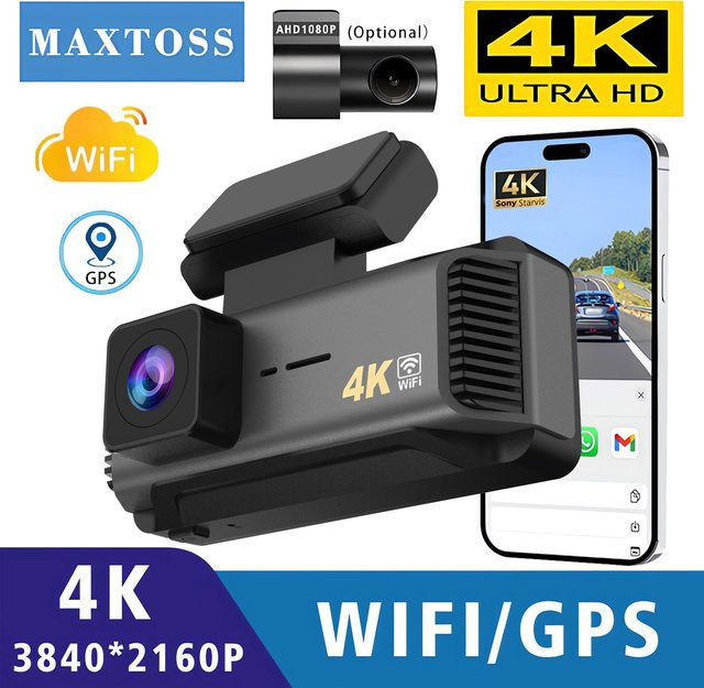 Maxtoss Dashcam 4K UHD Videorekorder mit WLAN und GPS in Schwarz - Bild 1