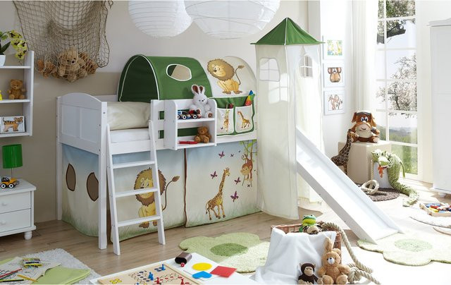 TiCAA Kinder Hochbett Ekki Country aus Kiefer mit Rutsche und Turm in Weiß - Bild 1