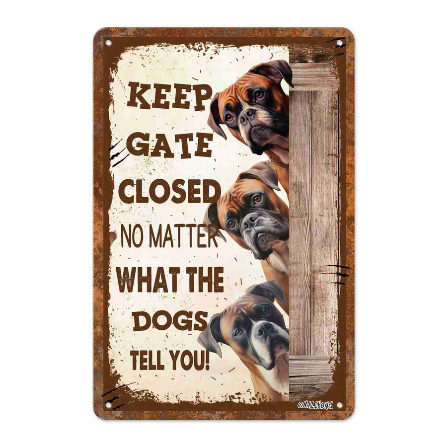MALIHONG Retro Metallschild mit Boxer-Hunden Keep Gate Closed No Matter What The Boxer Dogs Tell You, Mehrfarbig, B/H: 20 x 20 cm - Bild 2