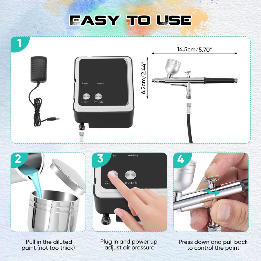 Rbefeuly Airbrush-Set mit Luftkompressor und Dual-Action-Luftbürste inklusive 0,2 mm, 0,3 mm und 0,5 mm Düsenhalter bei 36 PSI Hochdruck - Bild 3