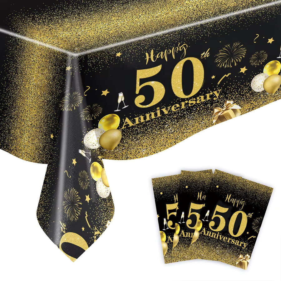 Party-Dekorationsset zum 50. Geburtstag in Schwarz-Gold mit Servietten, Pappbechern, Tischdecke und Tellern - Bild 2