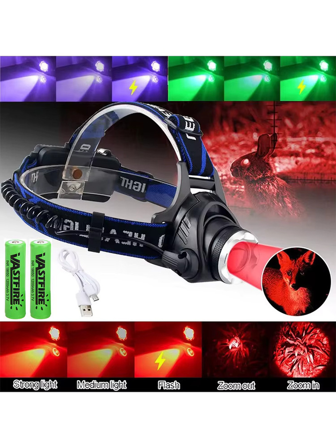 VASTFIRE LED Stirnlampe mit Rot- und Grünlicht für Outdoor, Camping und Jagd, Schwarz - Bild 6