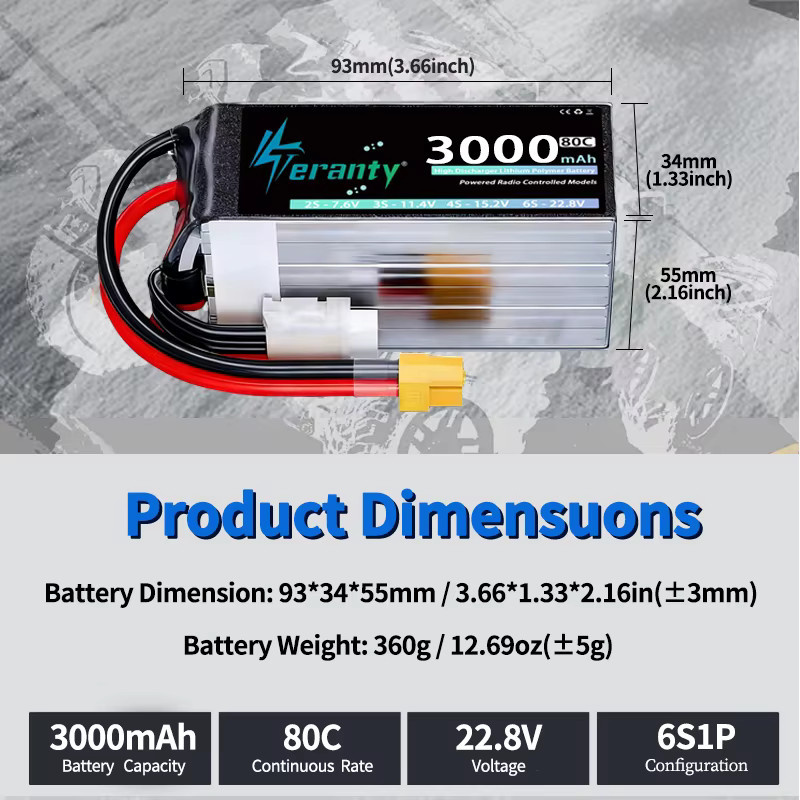 TERANTY 6S Li-Ion Akku 22,8V 3000mAh 80C/160C Schwarz für FPV-Drohnen, Quadcopter, Hubschrauber, RC-Autos und Boote - Bild 4