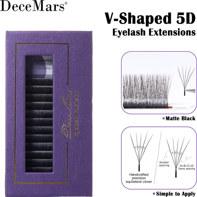 DeceMars Wimpernverlängerungen 5D V-förmig, Matt Schwarz, 12 Reihen - Bild 1