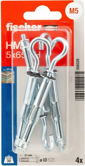 Fischer Hohlraum-Metalldübel HM SK mit Rundhaken aus Stahl in Silber, Durchmesser: 5 mm, Länge: 65 mm, 4 Stück - Bild 1