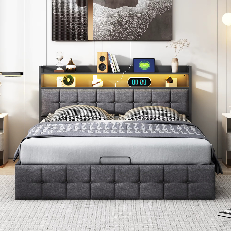 Doppelt gepolstertes Bett mit Stauraum und LED-USB-Anschluss in Grau, B/T: 140 x 200 cm - Bild 2