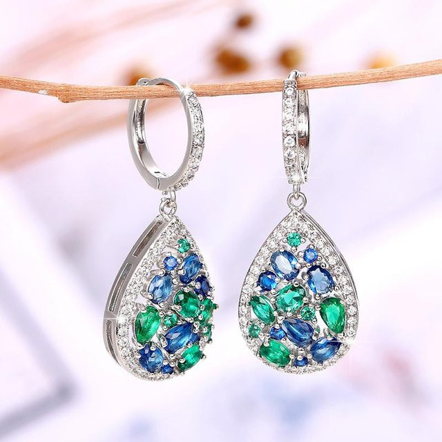 YIRAN Jewelry Ohrringe, Zirkonia, Hellblau/Grün, Silber, Messing, Damen - Bild 1