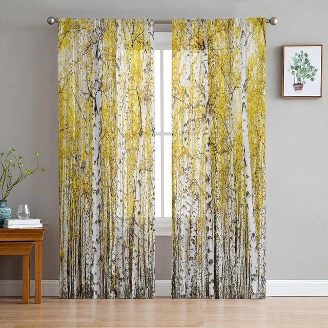 Yiran Furniture Tüllvorhänge Gelbbirke Natur Design, Transparent Gelb, B: 135 cm, H: 274 cm, 2er Set - Bild 1
