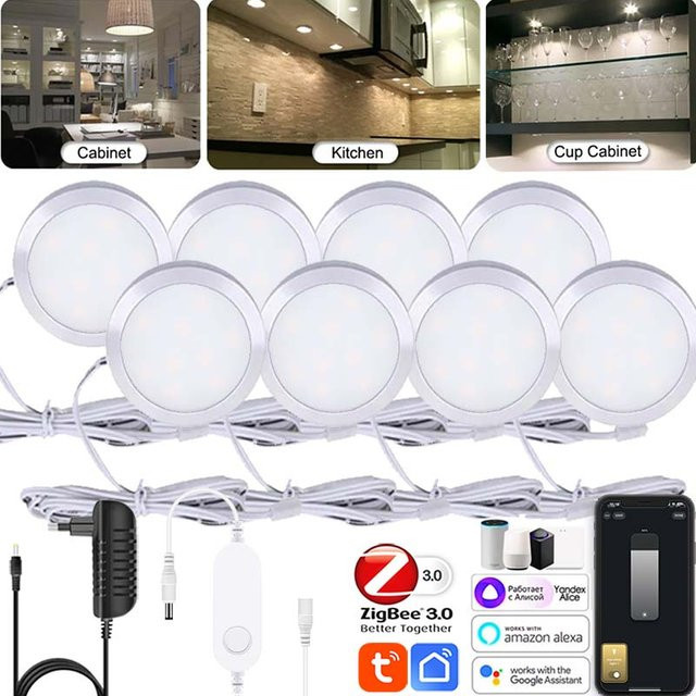 YSRSAI Runde Zigbee Schranklampe in Weiß mit Tuya App- und Sprachsteuerung für Alexa und Google Assistant, dimmbar und mit Timer, LED Unterbauleuchte für Küche und Möbel - Bild 1
