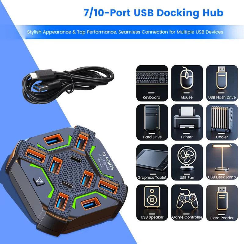 USB-C Dockingstation mit 7 USB 3.0 Ports und RGB-Beleuchtung, stromversorgter Multi-USB-Splitter für Laptop und PC, Schwarz - Bild 3