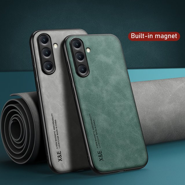 Stoßfeste Luxus Leder Handyhülle für Samsung S25 Ultra, S24 Plus, S23FE und S22 in Grün mit Metallplatte für die Auto-Halterung - Bild 1