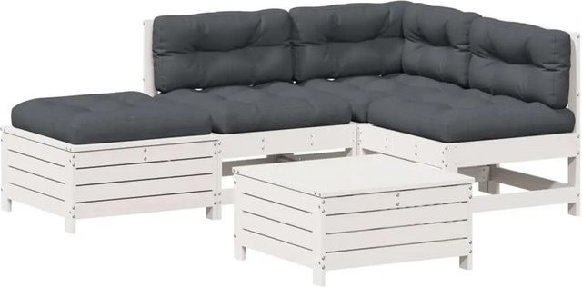 vidaXL 5-tlg Garten-Lounge-Set in L-Form aus massivem Kiefernholz mit weißen Polstern und Kissen in rustikaler Optik - Bild 1