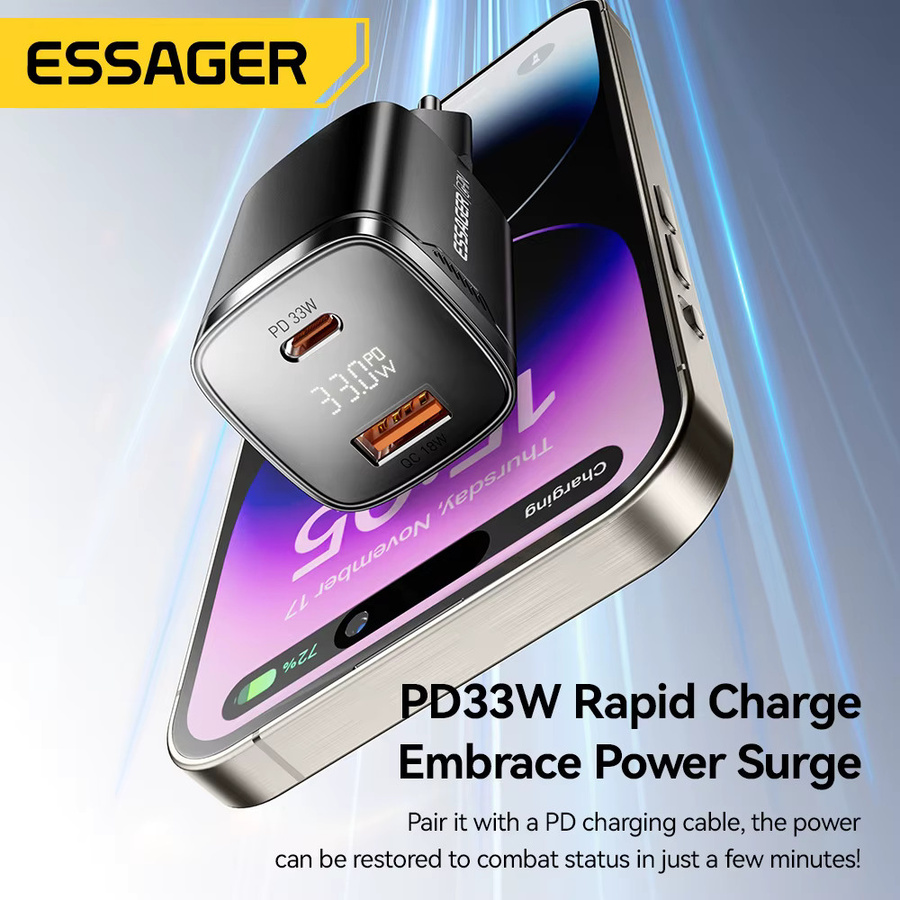 Essager 33 W GaN USB Typ C Ladegerät mit Digitalanzeige und PD Schnellladung in Schwarz - Bild 2