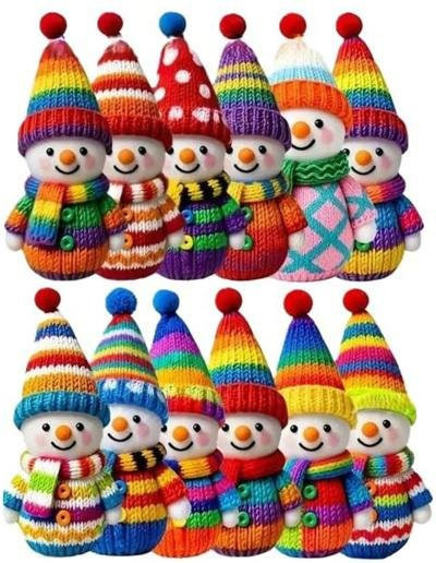 Nym Schneemann-Ornamente aus Holz mit Bommelmützen, 12er Set, Blau und Bunt, Weihnachtsbaum-Dekoration - Bild 1