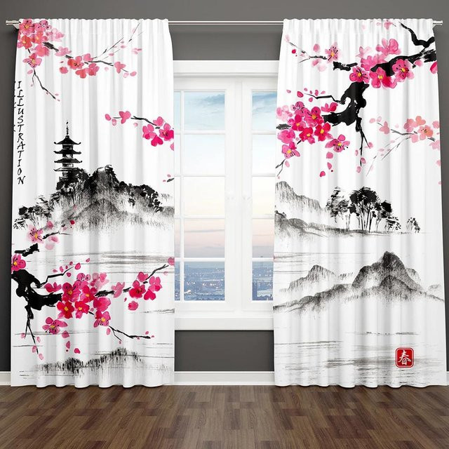 2er-Set Vorhänge mit chinesischem Berg-Landschaftsmotiv in Multicolour, halbtransparente Digitaldruck-Dekorationsvorhänge mit Rod Pocket, Breite: 60 cm, Höhe: 60 cm - Bild 1