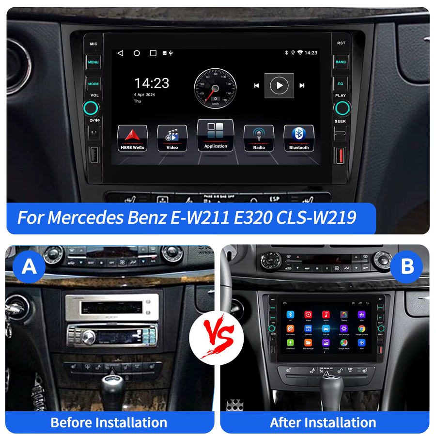 ESSGOO Android 15 Autoradio mit 8 Zoll Display, 4+64 GB Speicher, GPS, CarPlay, DAB+ und Kamera für Mercedes-Benz CLS/E-Klasse W211 W219, Schwarz - Bild 2