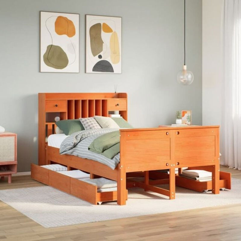 Massivholzbett aus Kiefer mit Regal in Braun von Vidaxl, B/T/H: 135 x 190 cm - Bild 1