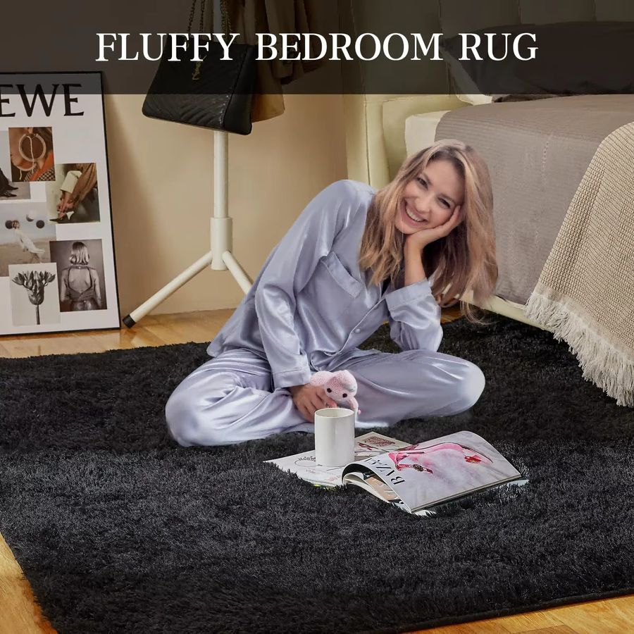 VIKAMA Ultraweicher Wohnzimmerteppich in Schwarz, rutschfester hochfloriger Plüschteppich für Schlafzimmer und Kinderzimmer - Bild 2