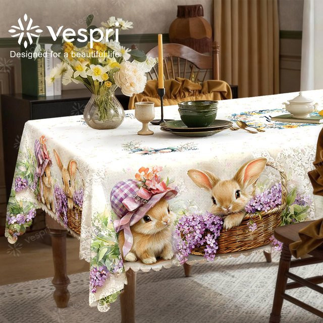 Vespri Oster-Tischdecke aus Polyester in Weiß und Lila mit Blumen- und Hasenmuster für Party und Dekoration - Bild 1