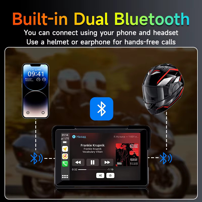 Jansite 7 Zoll Motorrad GPS Navigation mit kabellosem CarPlay und Android Unterstützung, IPX7 wasserdichtes LCD-Display und Dual-Objektiv in Schwarz - Bild 2