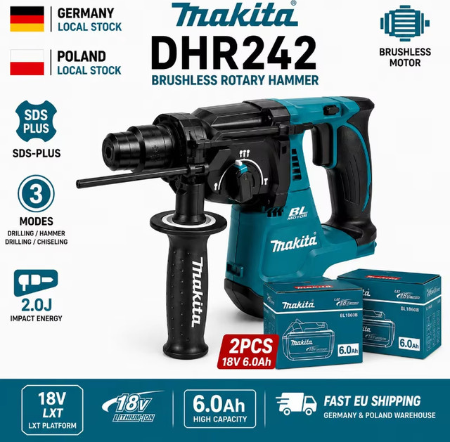 Makita DHR242 Akku-Bohrhammer LXT 18V mit bürstenlosem Motor, 24mm SDS-Plus und 3-Modus, inklusive 6,0Ah Akku und Ladegerät - Bild 1
