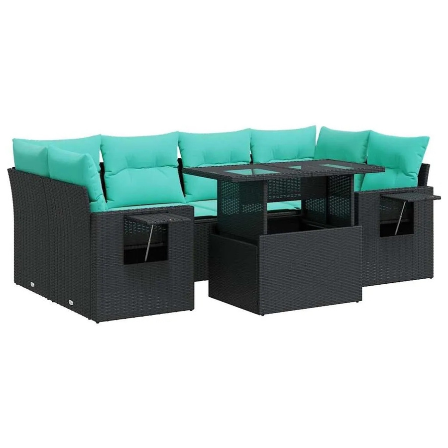 vidaXL 7-teilige Garten-Sofagarnitur aus Poly-Rattan und Akazie in Schwarz mit blauen Kissen - Bild 2