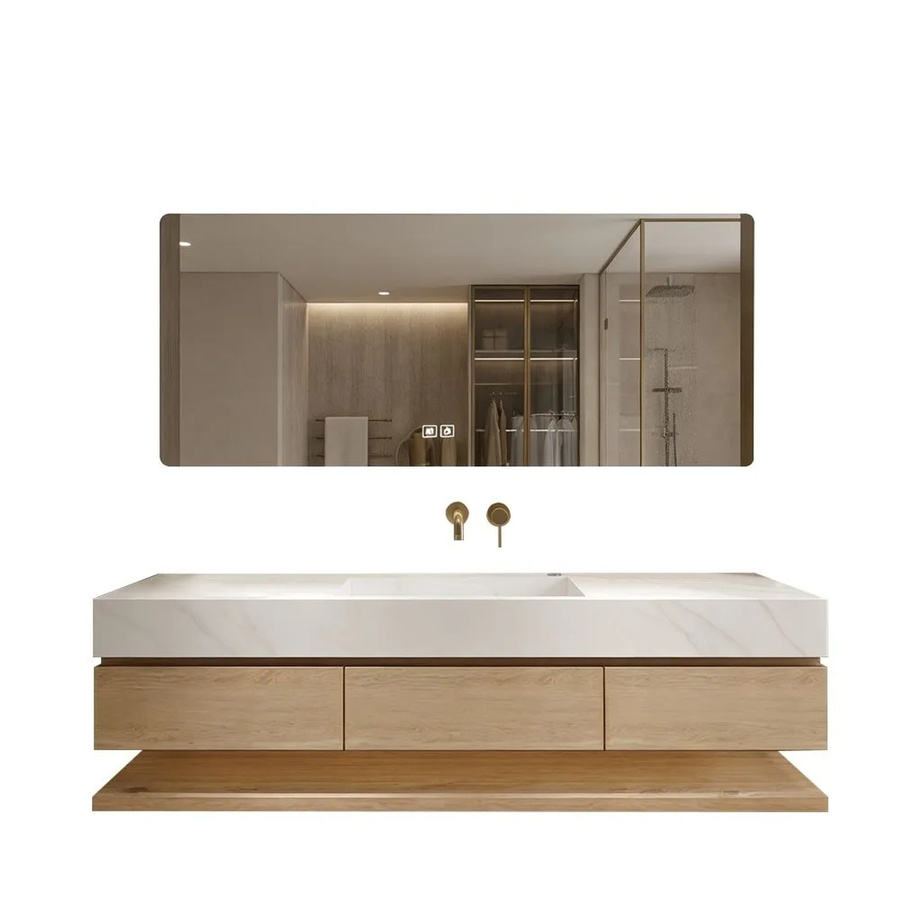 360Home Badmöbel Set mit Sinterstein Waschbecken in Braun, bestehend aus Unterschrank, Spiegelschrank mit LED-Beleuchtung und Anti-Fog-Funktion sowie einem Seitenschrank, B/T/H: 140 x 55 x 25 cm - Bild 2